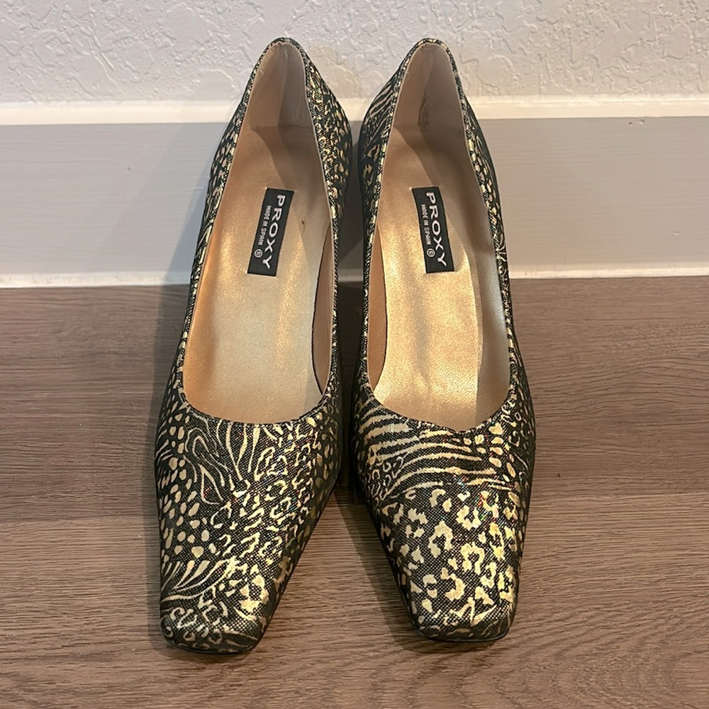 PROXY Women Vintage Black Gold Iridescent Chunky Thick Square Block Heel Size 7